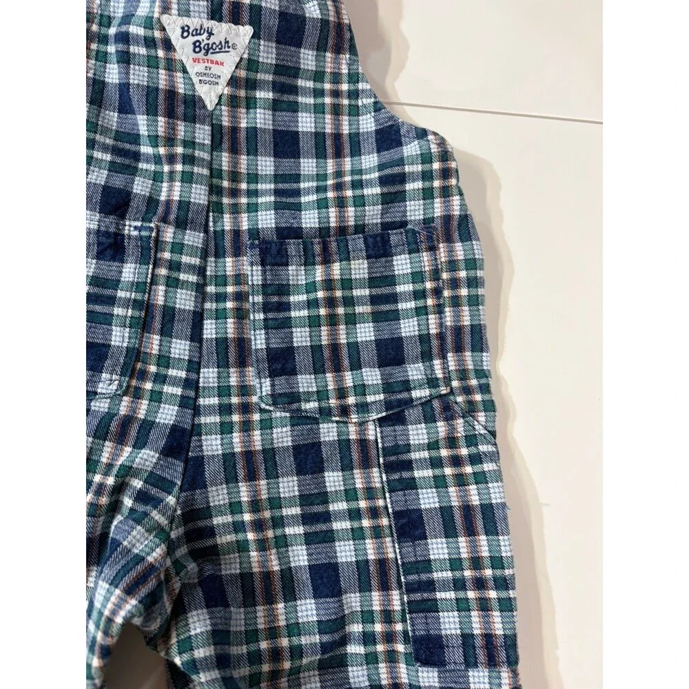 Vintage OshKosh Blue Green White Plaid Cotton Bib Overalls One-Piece 12m
